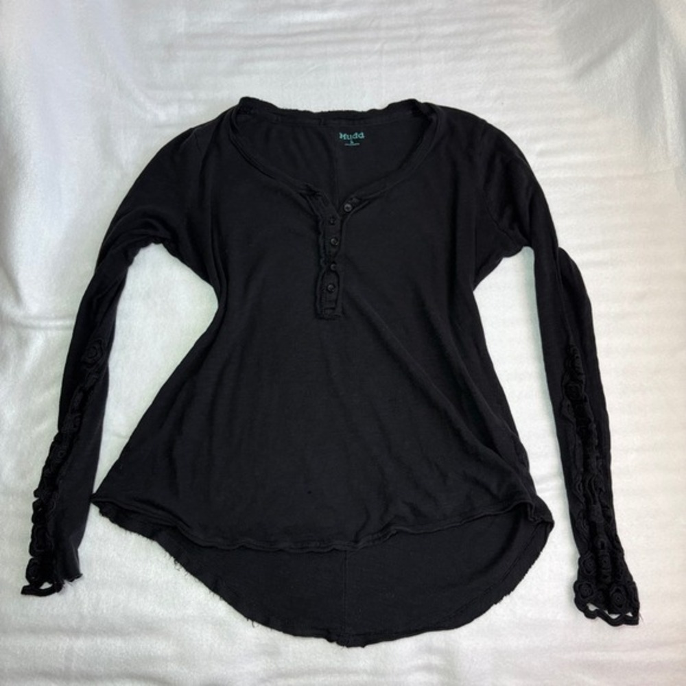 Y2k Mudd Womens Black Henley Long Sleeve Crochet Lace Trim Top Large